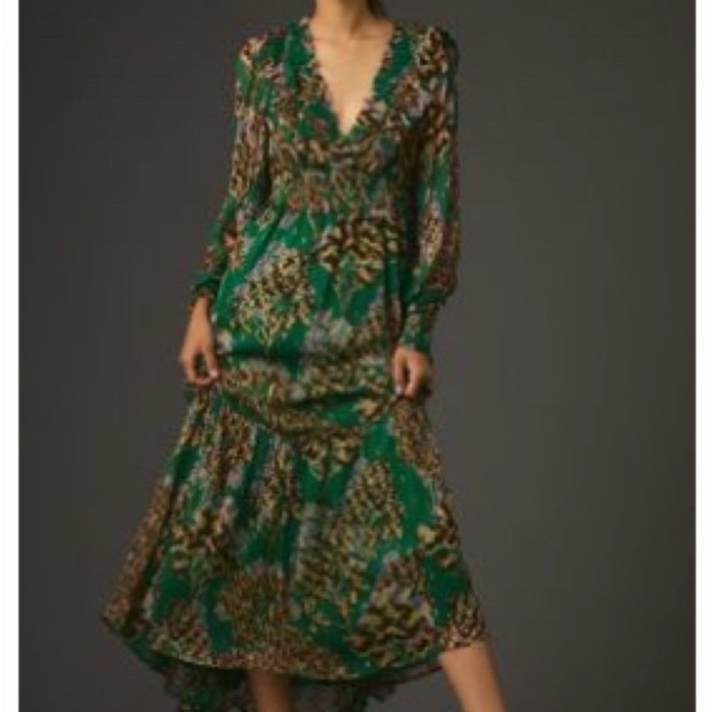 Anthropologie Emerald and Chocolate Floral Maxi Dress